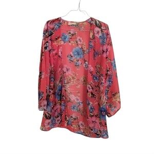 Red Floral Kimono  lightweight jacket wrap Small